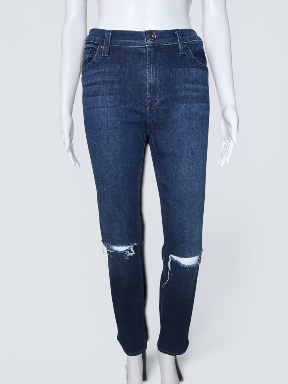 7 For All Mankind Dark Blue Skinny Jeans with Knee Rips